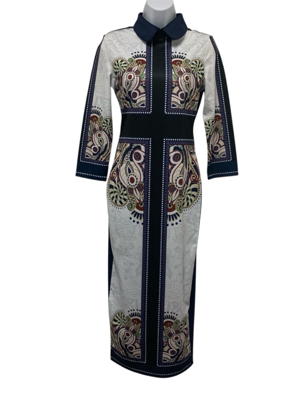 Paisley Print Contrast Collar Bodycon Navy Dress Women’s Size S Long Dress Shein